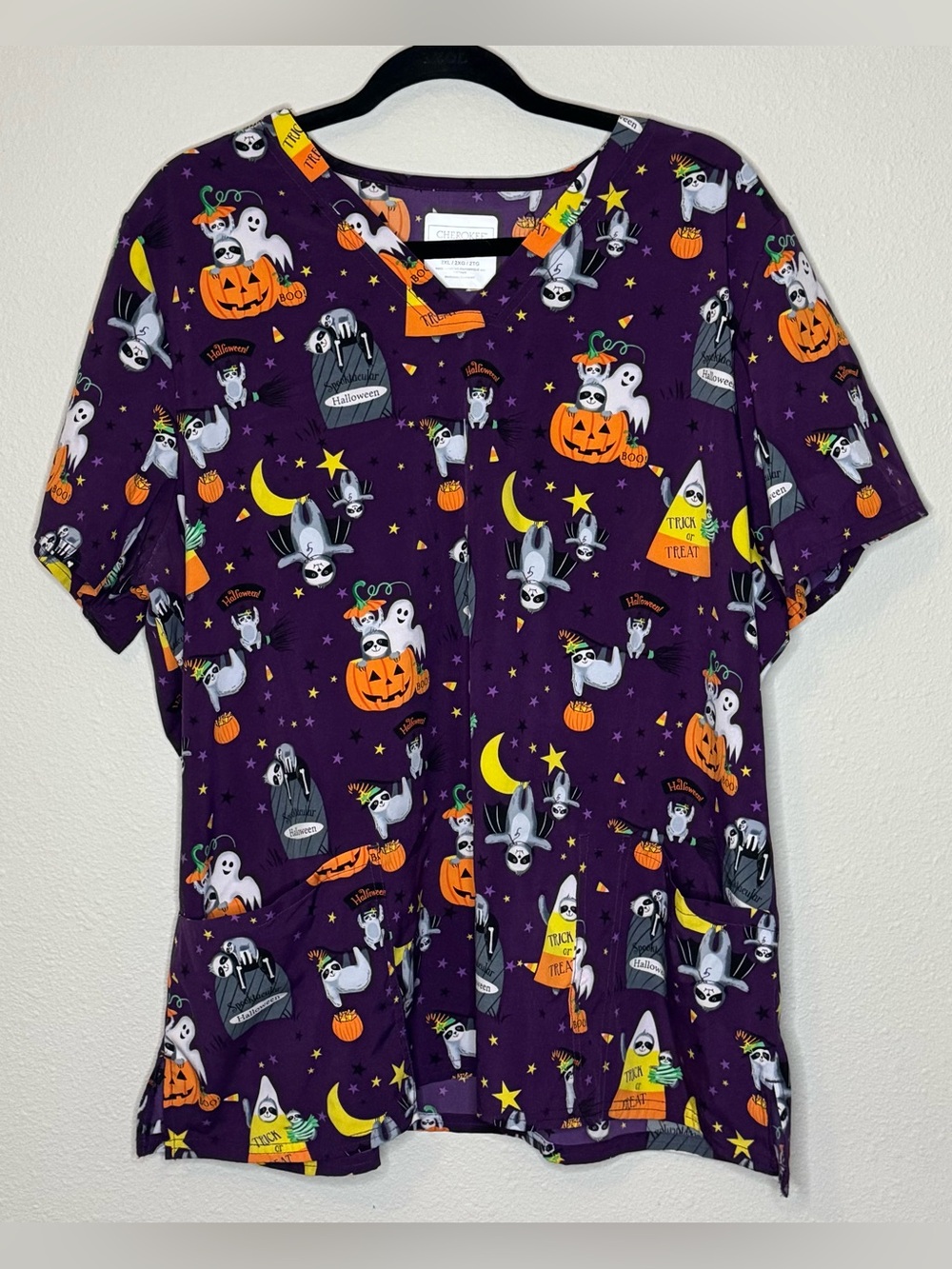 Cherokee Purple Halloween Scrub Top with Ghosts, Pumpkins, & SLOTHS